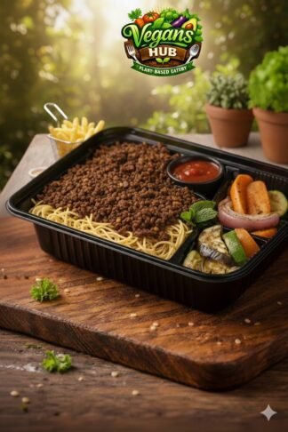 The Vegan Beefy Chunks & Noodle Box (Zesty Red Edition) وجبة لحم مفروم نباتي بالمكرونه صوص احمر