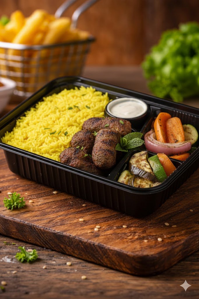Kofta & Vegetables with rice وجبة كفته وخضار بالرز