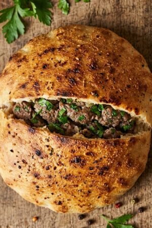 رغيف حواوشي نباتي مقرمش محشو ببروتين الصويا المتبل والأعشاب من مطعم فيجانز هب.