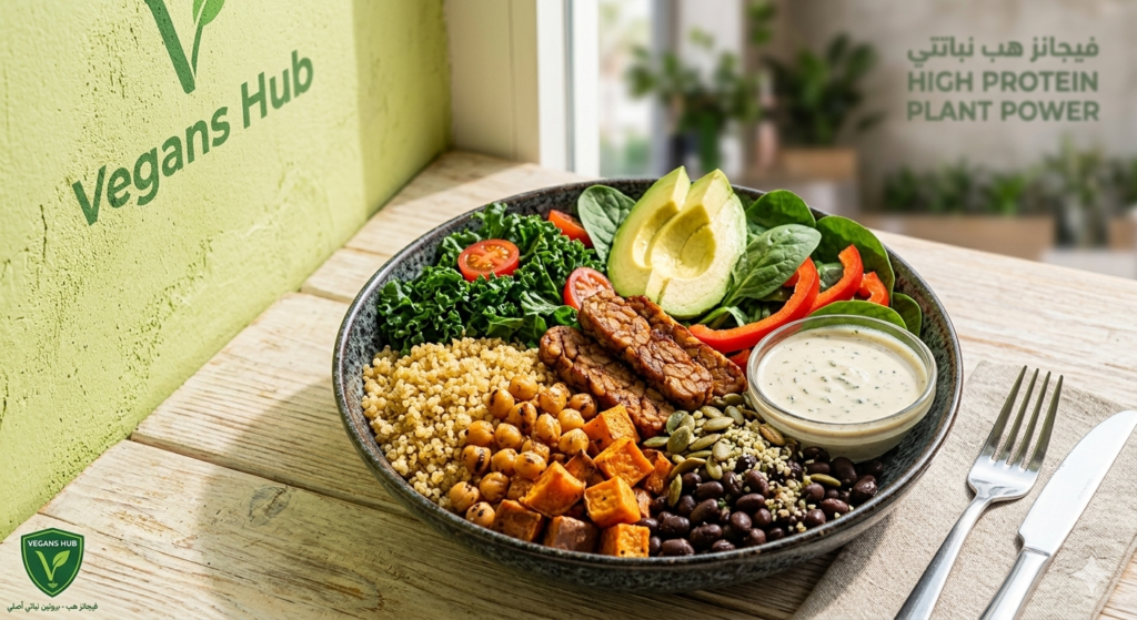 طبق بودا بول (Buddha Bowl) ملون من "فيجانز هب" (Vegans Hub) يحتوي على مصادر بروتين نباتية عالية القيمة: كينوا مسلوقة، شرائح تمبيه صويا مشوية، حمص مطهو، مكعبات بطاطا حلوة، أفوكادو طازج، ورقيات خضراء داكنة، مع صوص كاجو كريمي بالأعشاب. يقدم الطبق على طاولة خشبية في بيئة مطعم مشمسة وهادئة. في الزاوية، يظهر شعار "فيجانز هب" باللغتين العربية والإنجليزية.