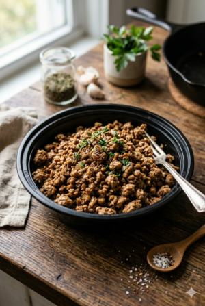 Cooked minced soy protein in a black microwave-safe bowl on a wooden table with fresh herbs. العربية: بروتين صويا مفروم مطهو في وعاء أسود مخصص للميكروويف على طاولة خشبية مع أعشاب طازجة.