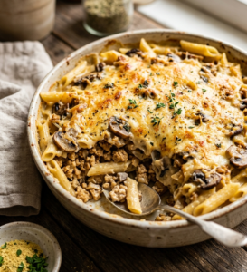 مكرونه بالباشاميل بحليب الصويا والمشروم وبروتين الصويا