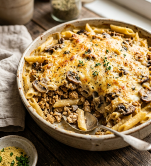 مكرونه بالباشاميل بحليب الصويا والمشروم وبروتين الصويا