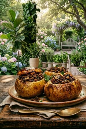 Professional photograph of baked stuffed potatoes filled with savory plant-based minced meat and earthy mushrooms, garnished with fresh parsley, served in a rustic dark earthenware casserole dish at Vegans Hub, Egypt. طبق بطاطس محشية باللحم النباتي المفروم والمشروم محمرة بعناية في طاجن فخاري ريفي ومزينة بالبقدونس - مطعم فيجانز هاب، مصر.
