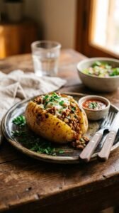 Professional photograph of baked stuffed potatoes filled with savory plant-based minced meat and earthy mushrooms, garnished with fresh parsley, served in a rustic dark earthenware casserole dish at Vegans Hub, Egypt. طبق بطاطس محشية باللحم النباتي المفروم والمشروم محمرة بعناية في طاجن فخاري ريفي ومزينة بالبقدونس - مطعم فيجانز هاب، مصر.